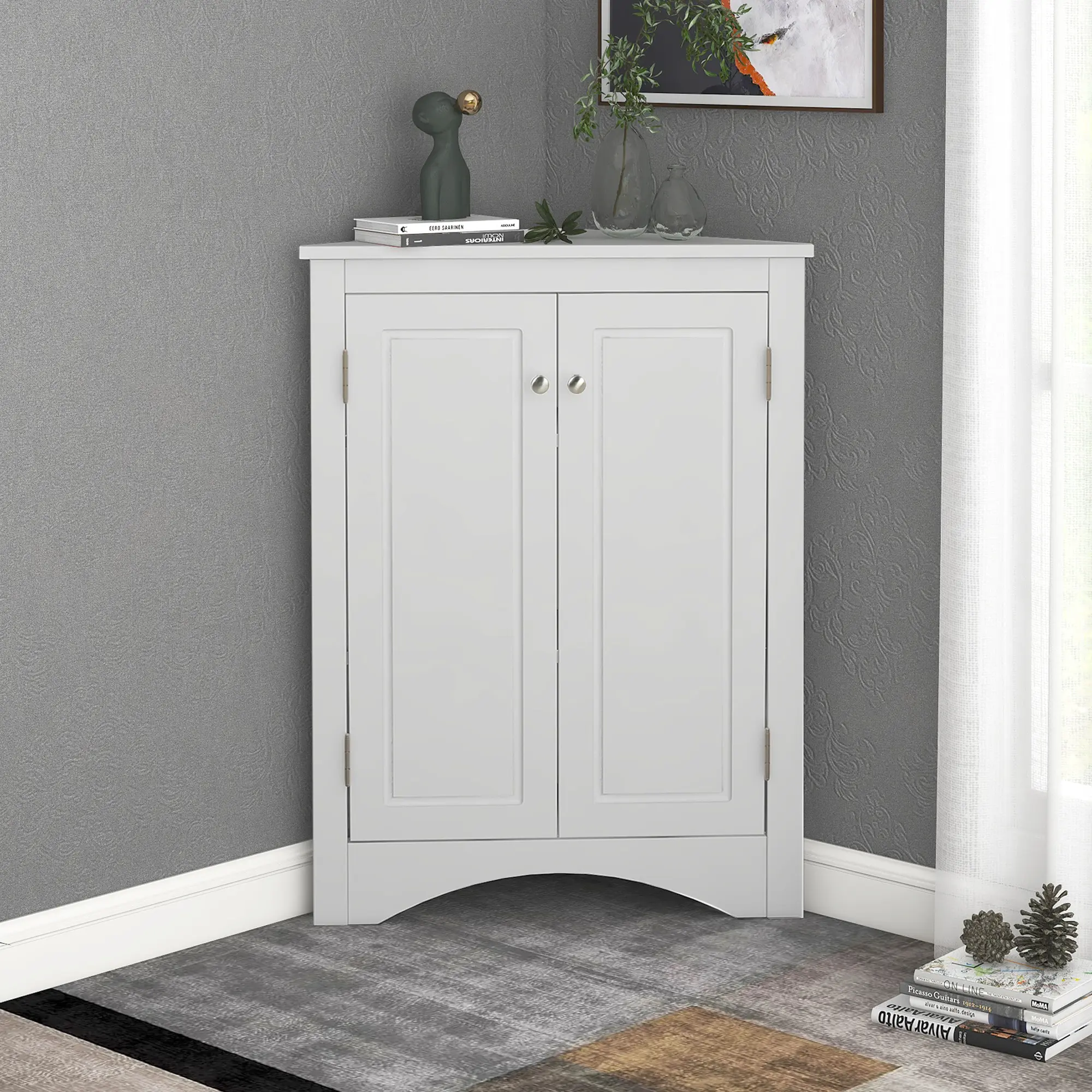 White color  Triangle Bathroom Storage Cabinet with Adjustable Shelves, Freestanding Floor Cabinet for Home Kitchen