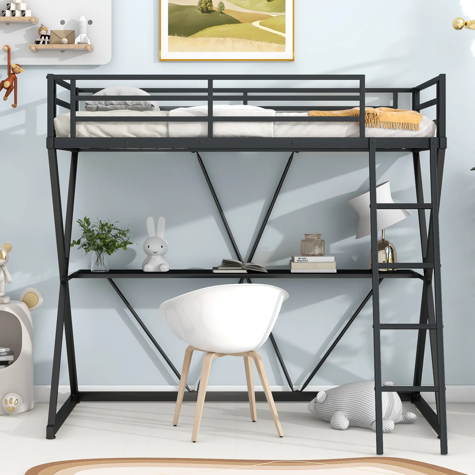 Twin Size Loft Bed with Desk, Ladder and Full-Length Guardrails, X-Shaped Frame, Black(Old SKU: MF297073AAB)