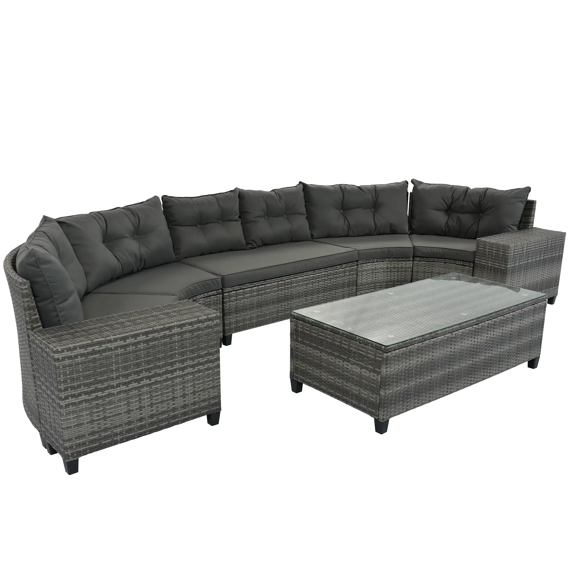 8-pieces Outdoor Wicker Round Sofa Set, Half-Moon Sectional Sets All Weather, Curved Sofa Set With Rectangular Coffee Table, PE