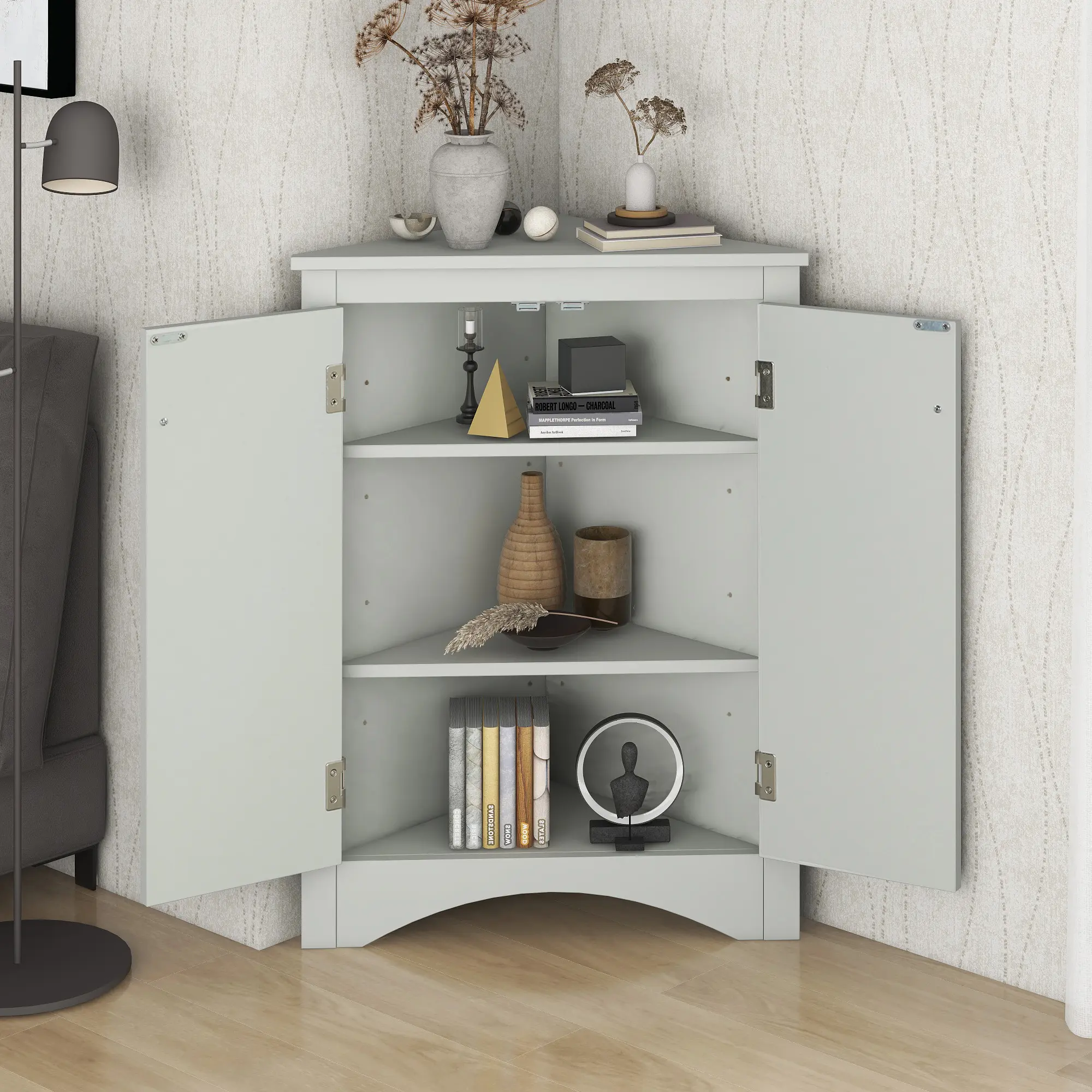 Grey color  Triangle Bathroom Storage Cabinet with Adjustable Shelves, Freestanding Floor Cabinet for Home Kitchen