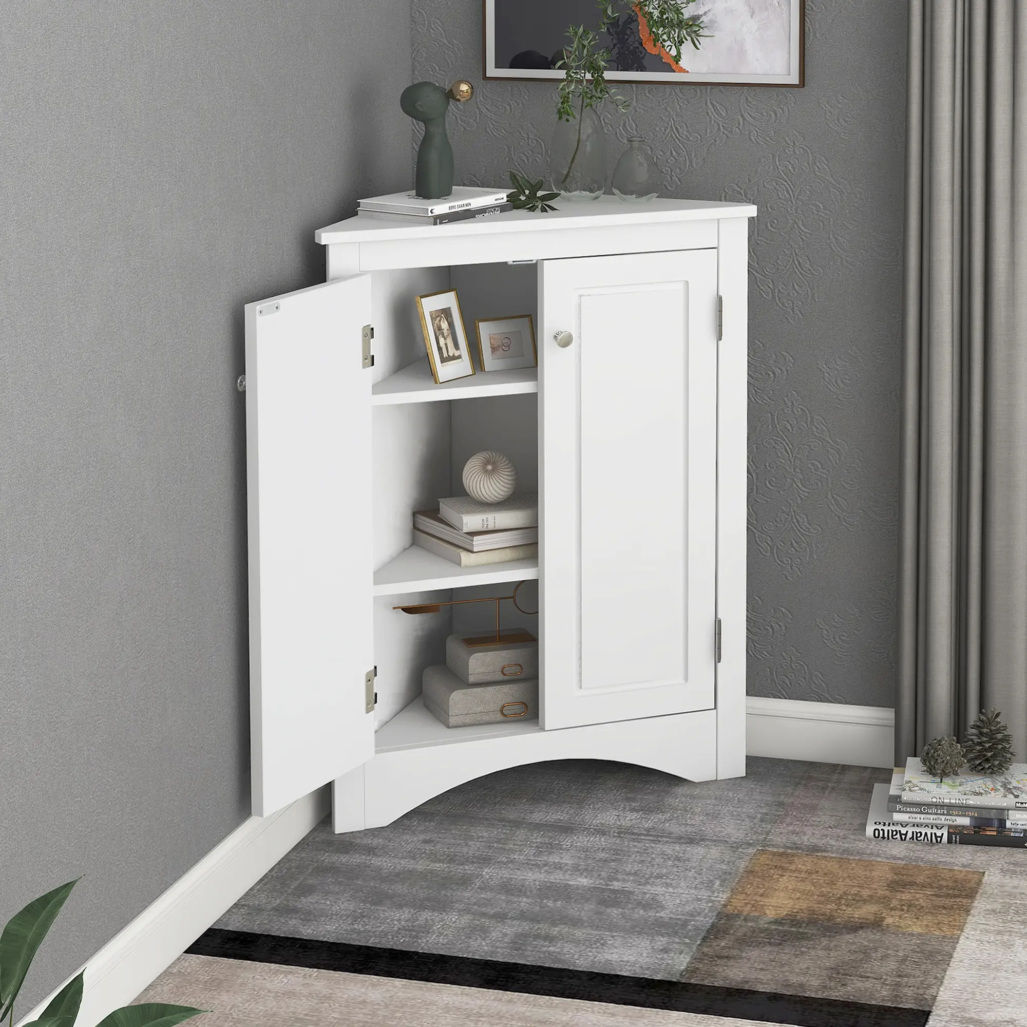 White color  Triangle Bathroom Storage Cabinet with Adjustable Shelves, Freestanding Floor Cabinet for Home Kitchen