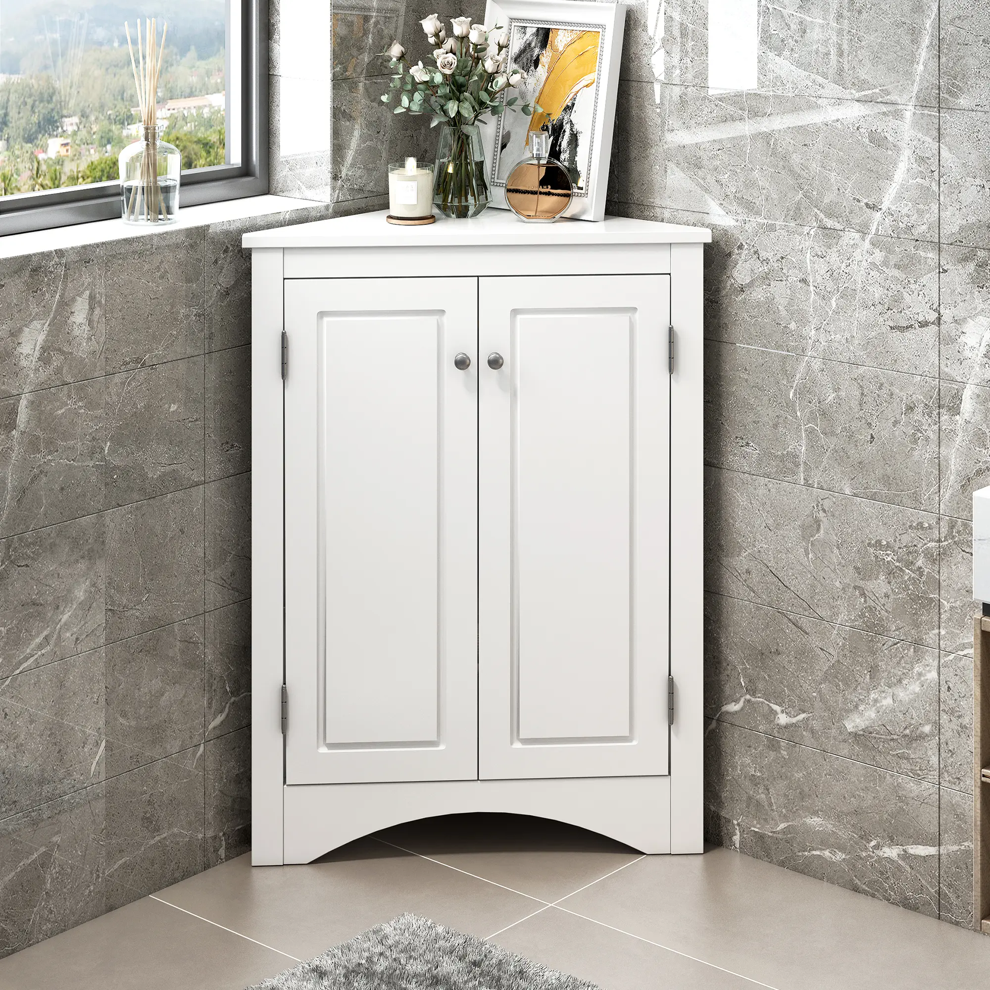 White color  Triangle Bathroom Storage Cabinet with Adjustable Shelves, Freestanding Floor Cabinet for Home Kitchen