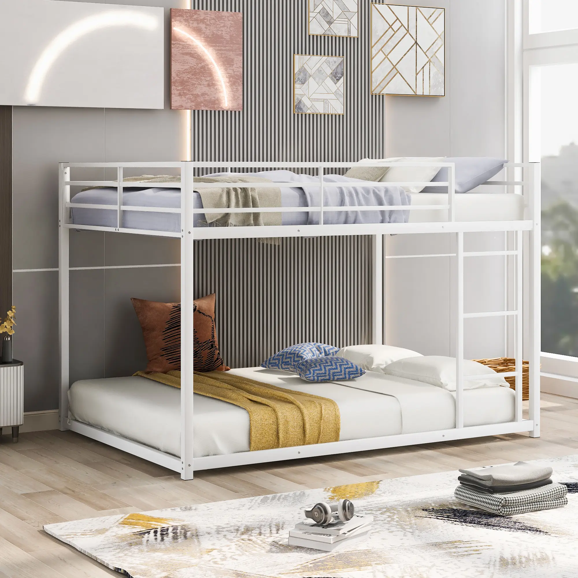 Full over Full Metal Bunk Bed, Low Bunk Bed with Ladder, White（Old SKU:MF197034AAK）（Expected Arrival Time 12.20）