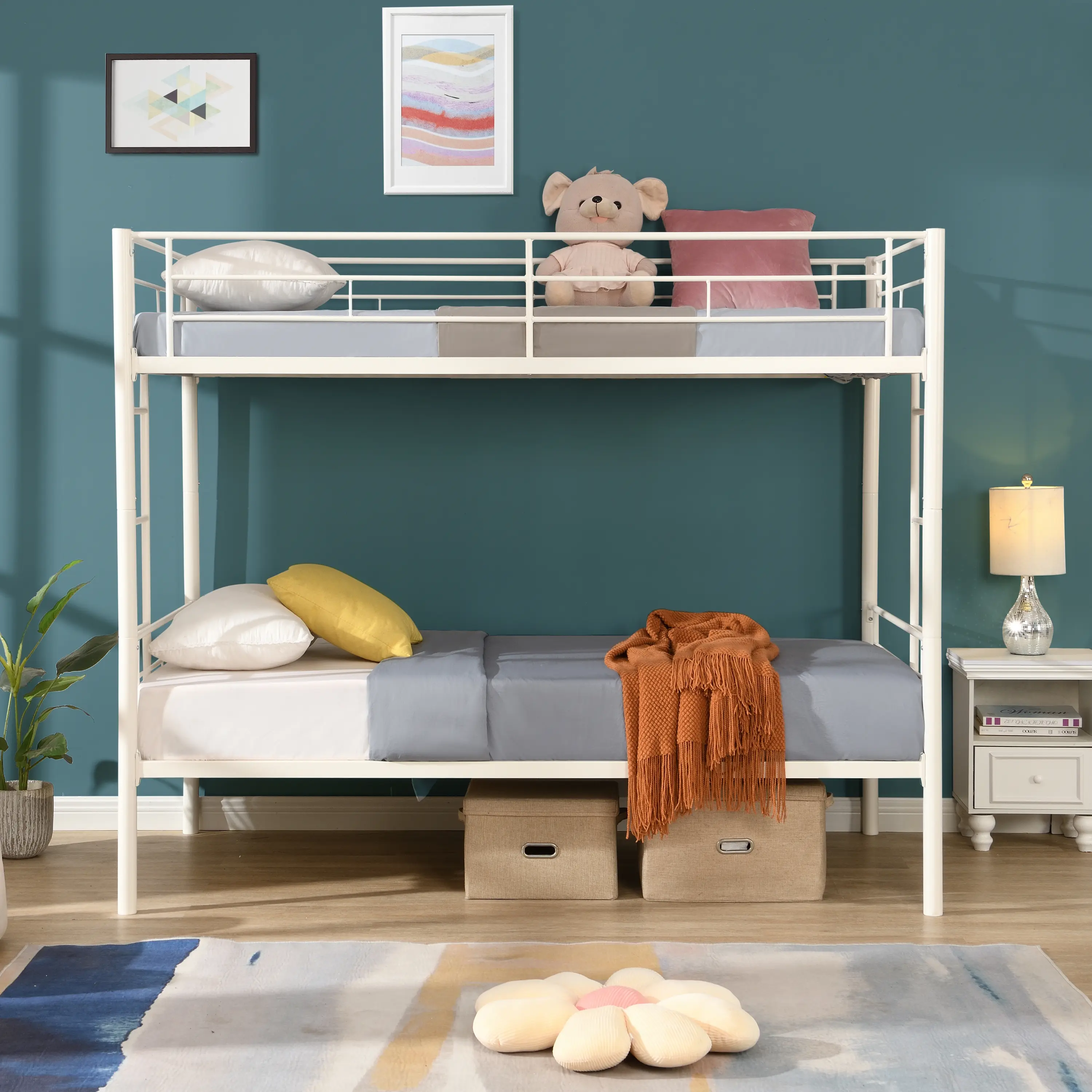 Twin Over Twin Metal Bunk Bed,Metal Structure Bedframe with Safety Guardrails and 2 ladders,Convertible Bunkbeds,No Spring Box R