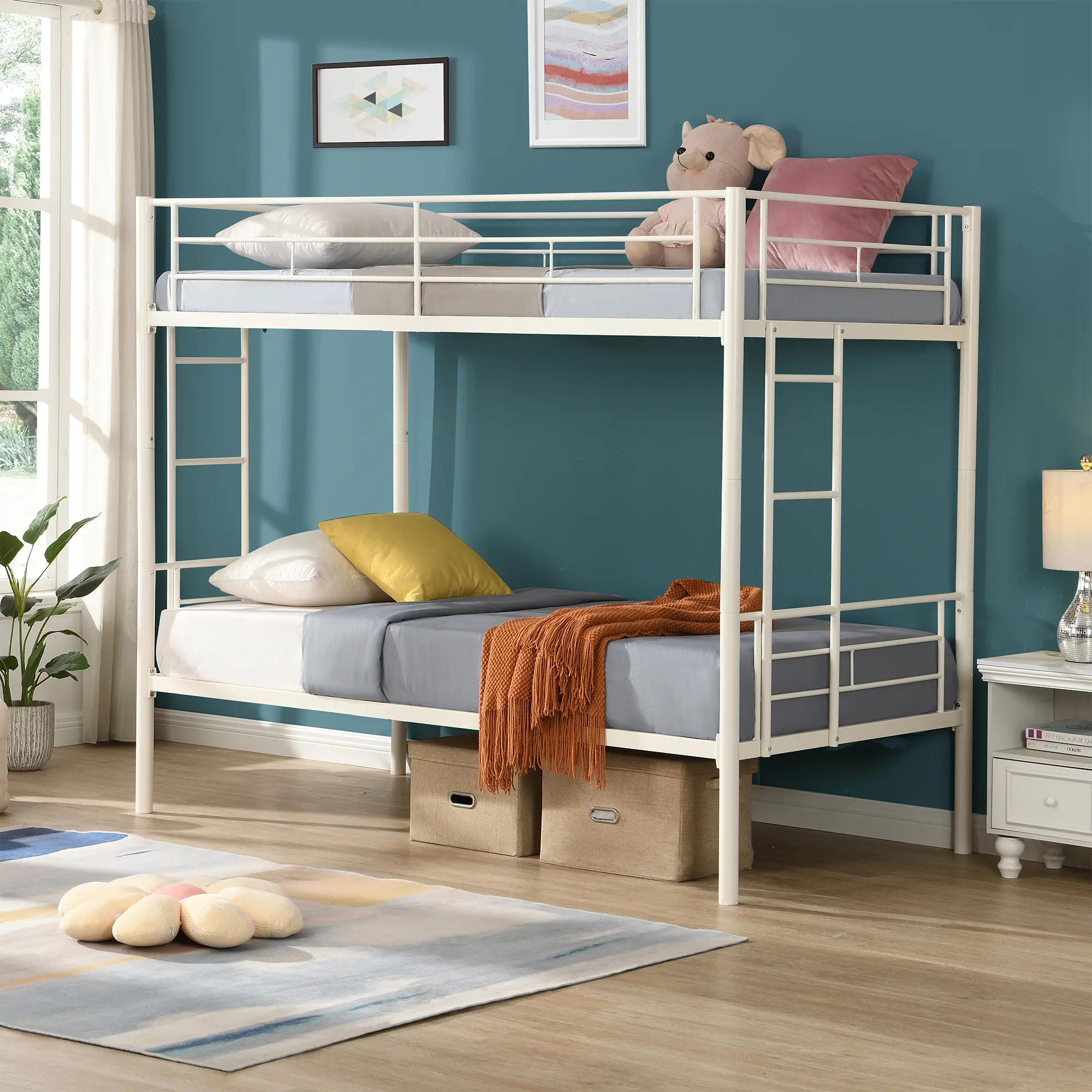 Twin Over Twin Metal Bunk Bed,Metal Structure Bedframe with Safety Guardrails and 2 ladders,Convertible Bunkbeds,No Spring Box R