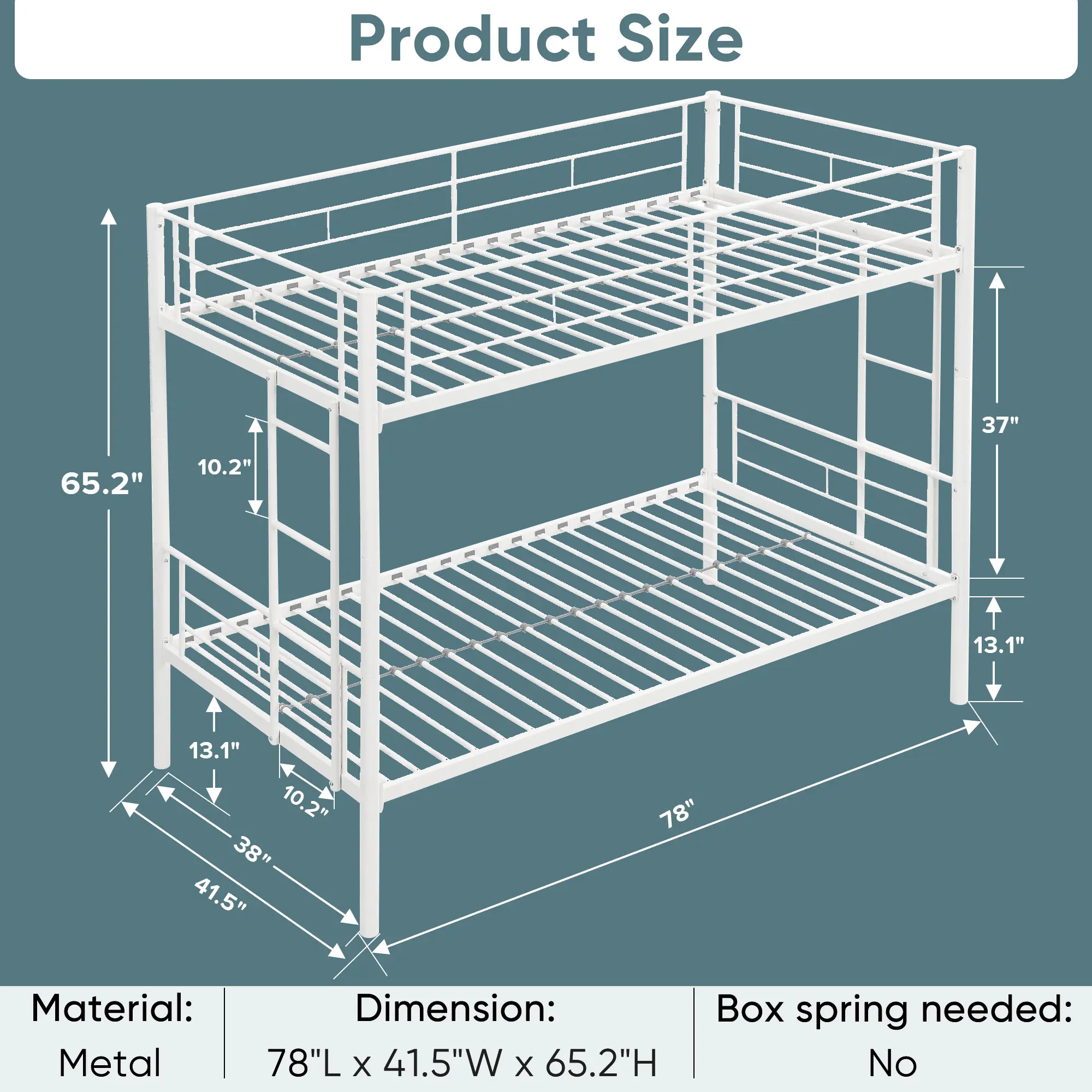 Twin Over Twin Metal Bunk Bed,Metal Structure Bedframe with Safety Guardrails and 2 ladders,Convertible Bunkbeds,No Spring Box R