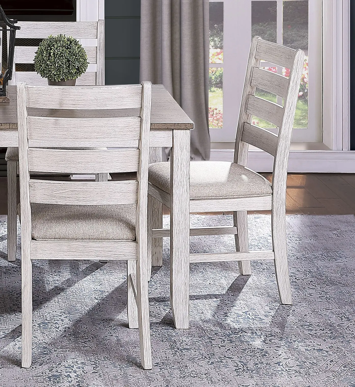 Grayish White and Brown Finish Casual Dining Room Furniture 5pc Dining Set Rectangular Wooden Table and 4x Side Chairs Fabric Up
