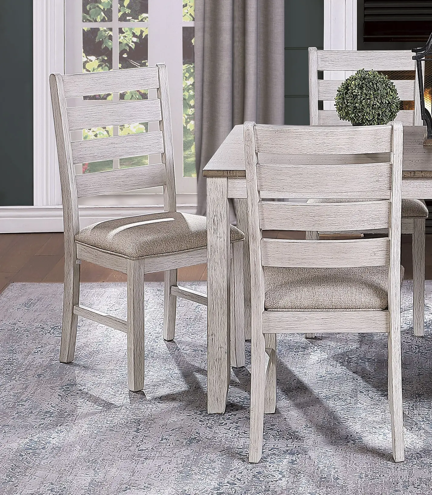Grayish White and Brown Finish Casual Dining Room Furniture 5pc Dining Set Rectangular Wooden Table and 4x Side Chairs Fabric Up