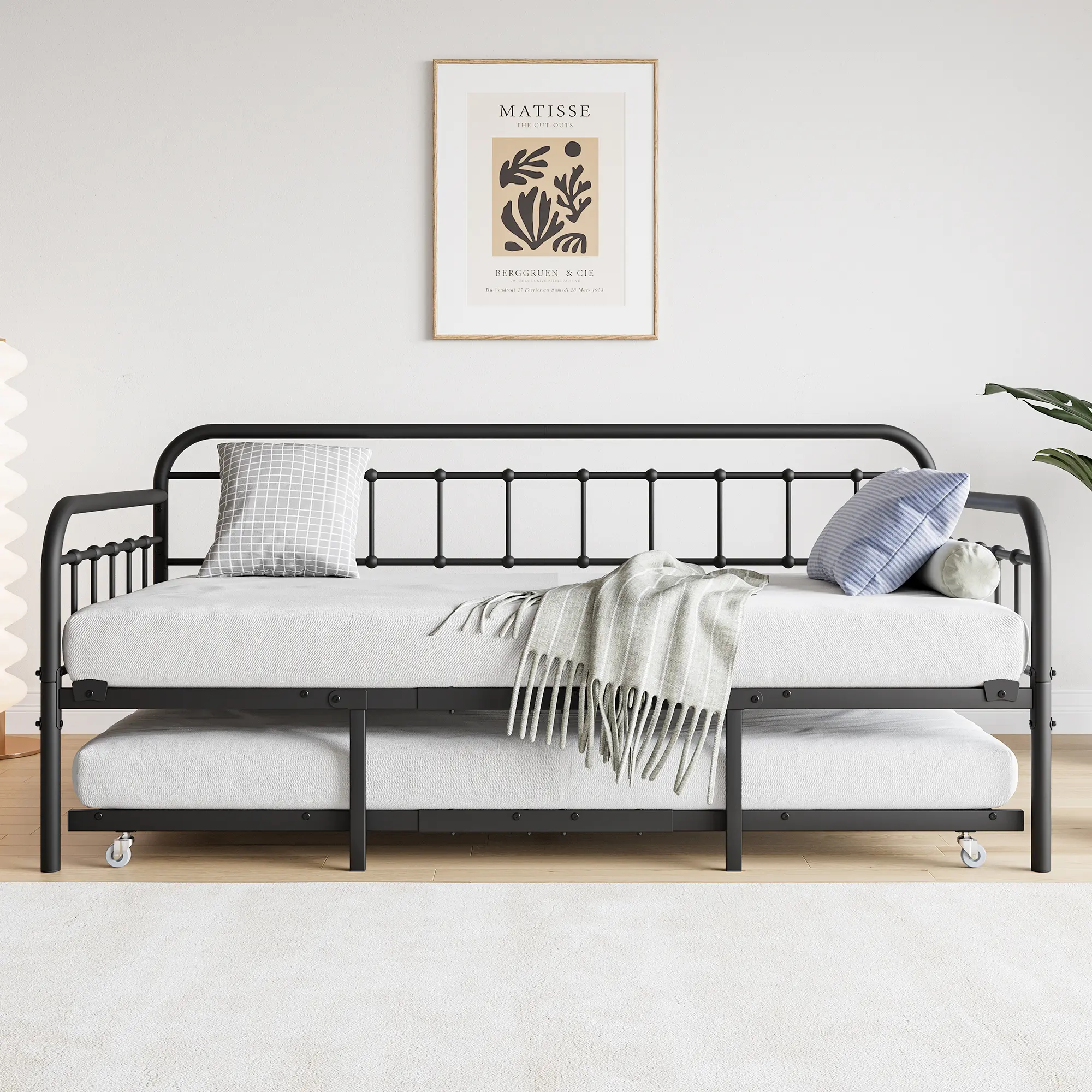 Twin Size Metal Daybed Frame with Trundle, Heavy Duty Steel Slat Support Sofa Bed Platform with Headboard, No Box Spring Needed,