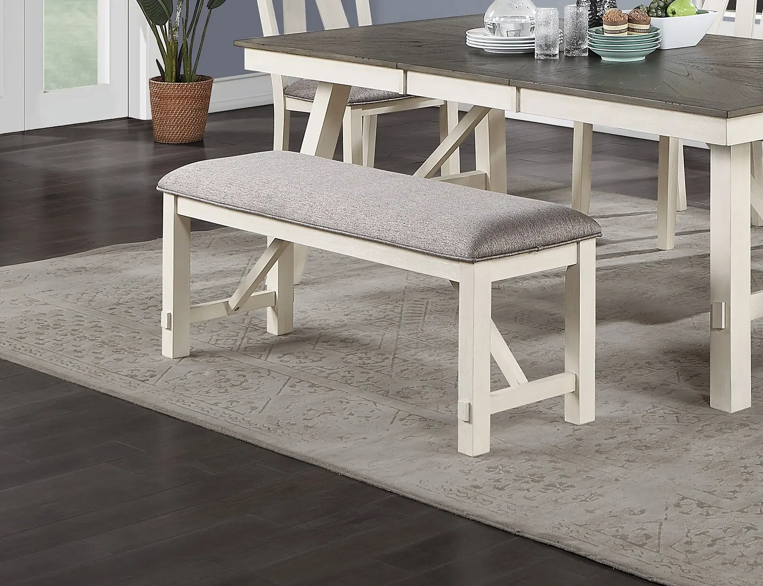 Dining Room Furniture 6pc Dining Set Table w Leaf And 4x Side Chairs 1x Bench Gray Fabric Cushion Seat White Clean Lines Wooden