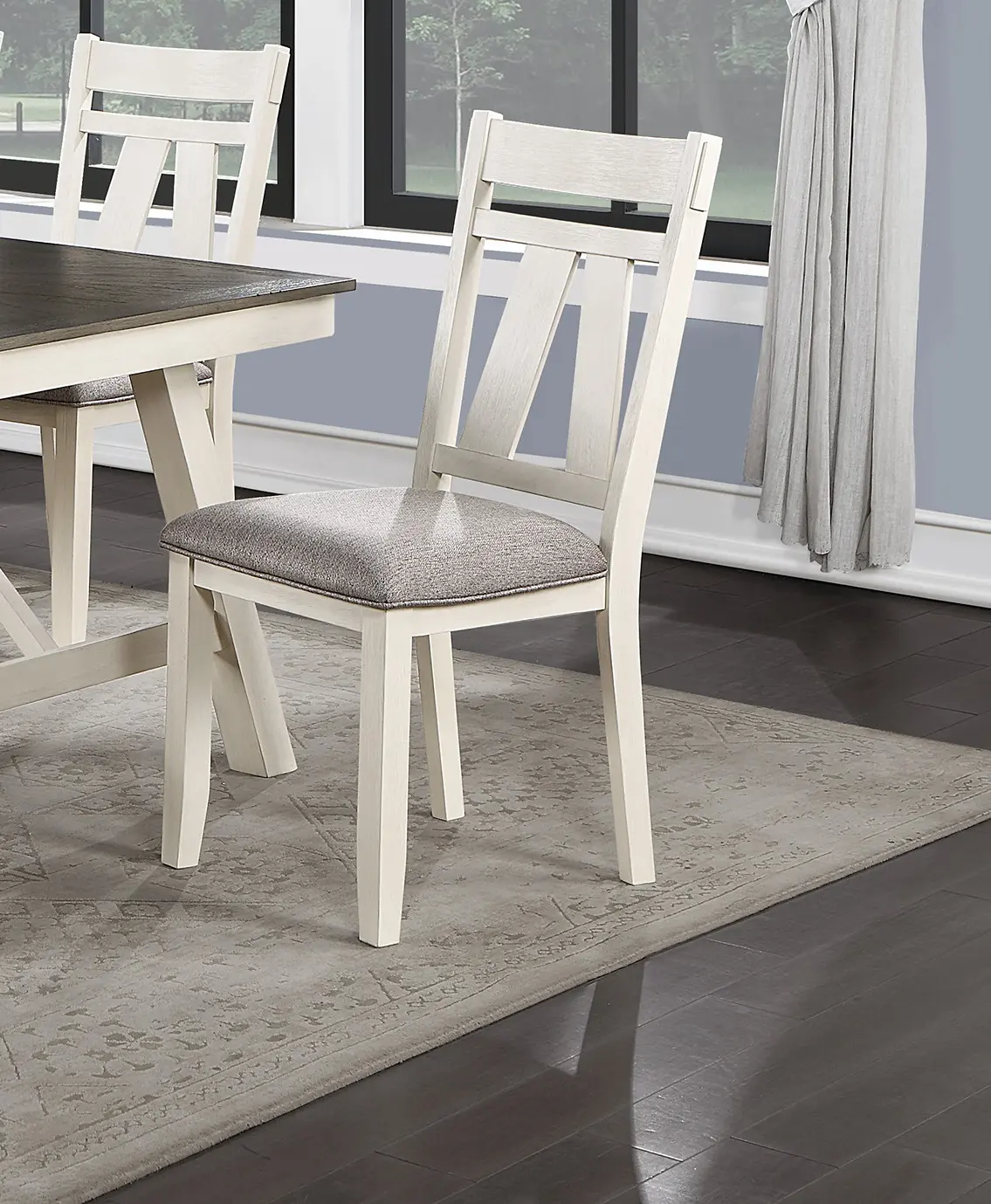 Dining Room Furniture 6pc Dining Set Table w Leaf And 4x Side Chairs 1x Bench Gray Fabric Cushion Seat White Clean Lines Wooden