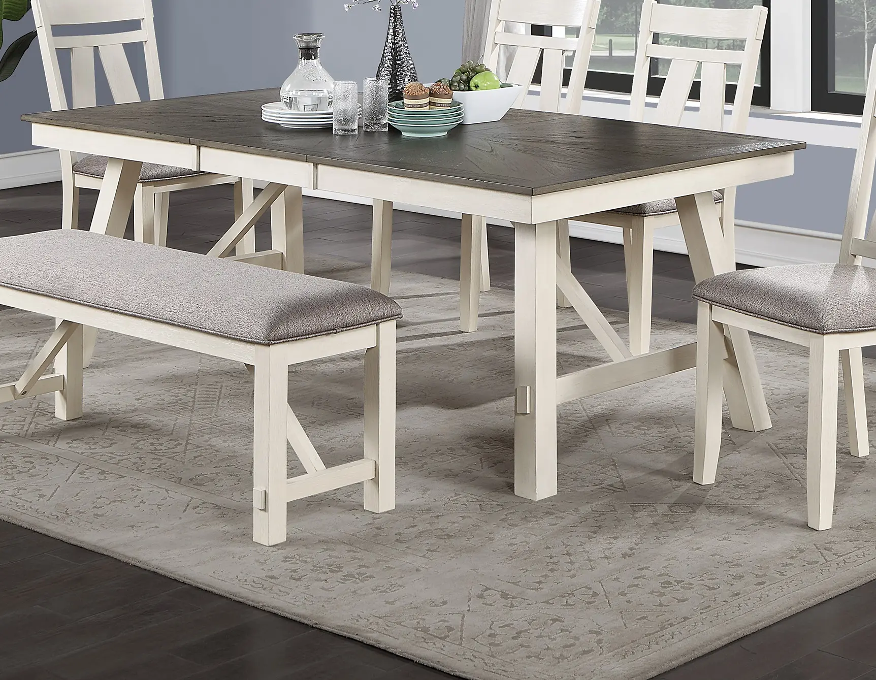 Dining Room Furniture 6pc Dining Set Table w Leaf And 4x Side Chairs 1x Bench Gray Fabric Cushion Seat White Clean Lines Wooden
