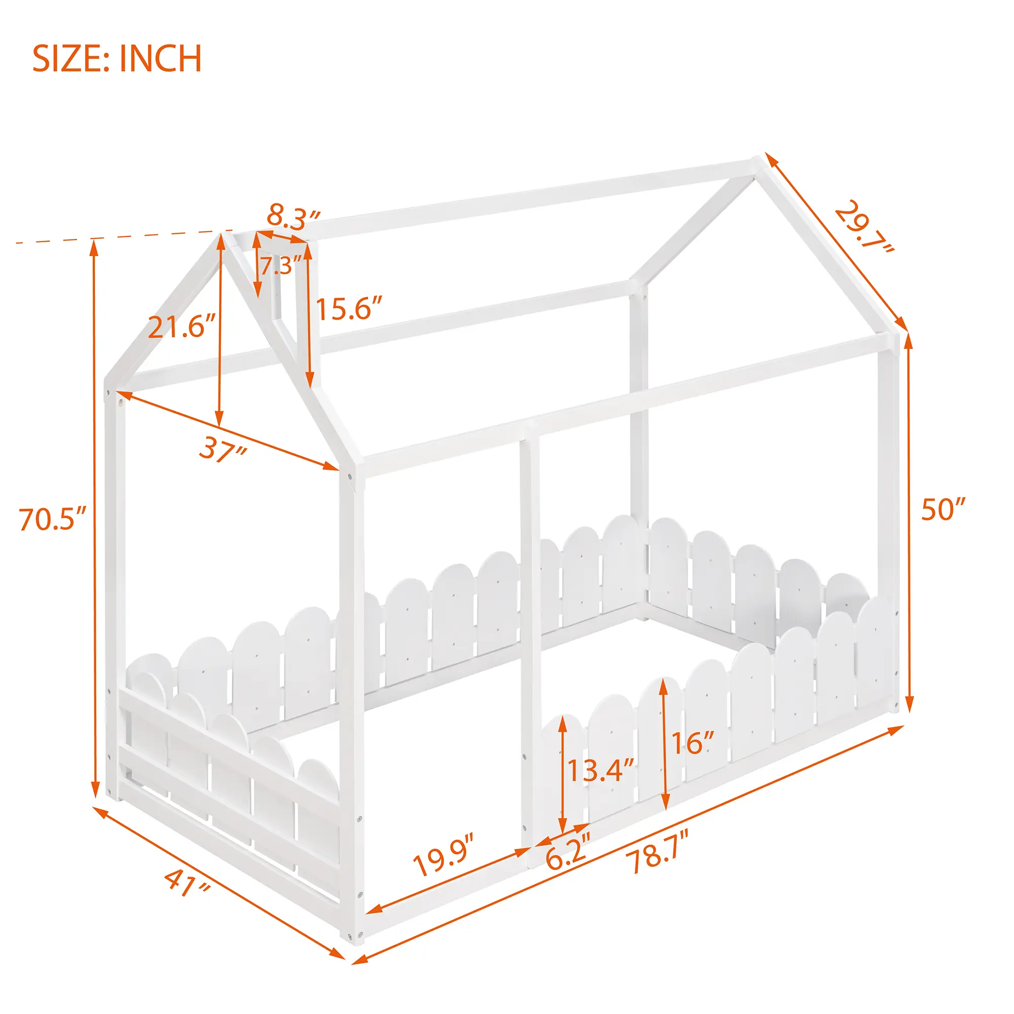 （Slats are not included) Twin Size Wood Bed House Bed Frame with Fence, for Kids, Teens, Girls, Boys (White )