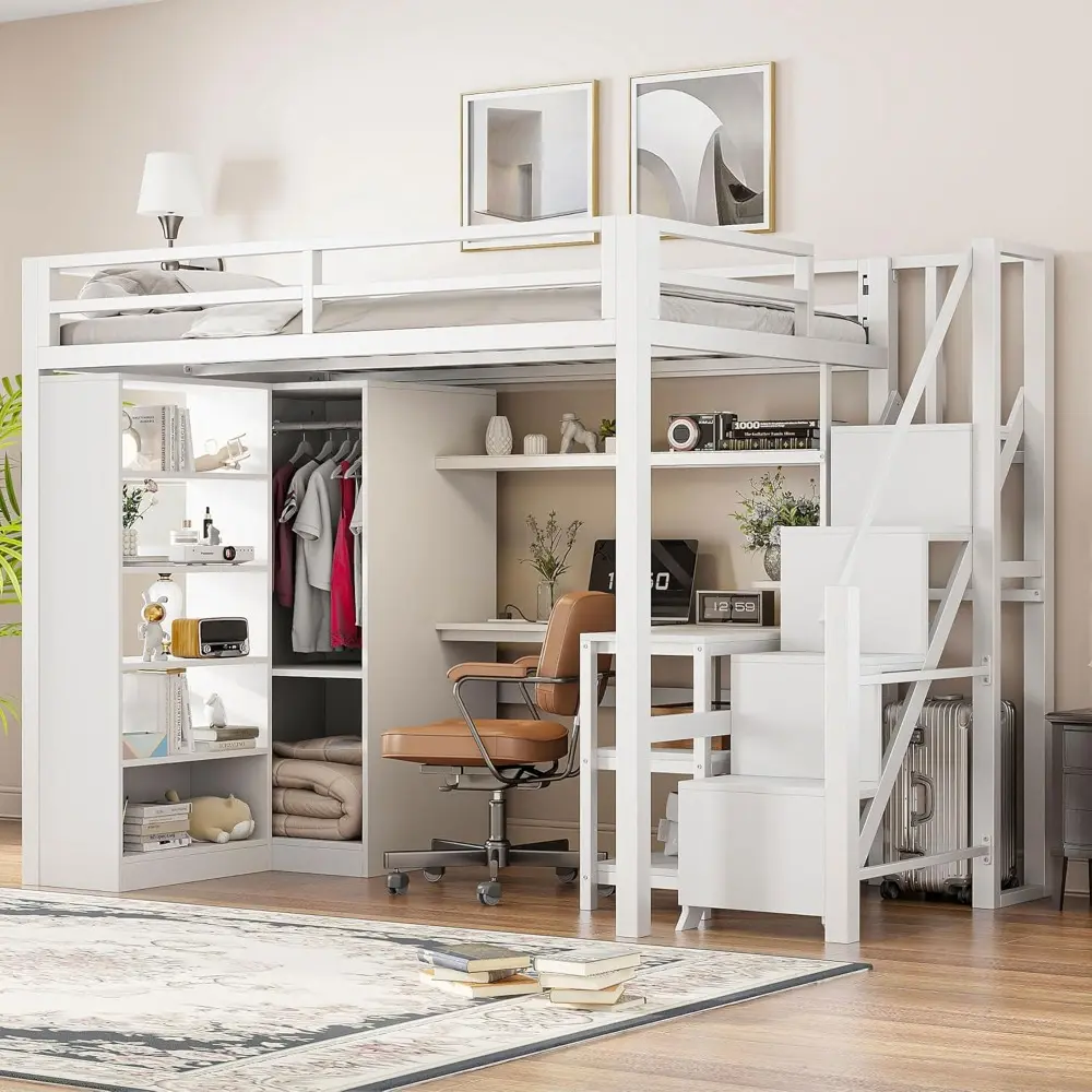 Bellemave Full Size loft Bed with Desk and 5 Tier Shelf, Wardrobe and Storage, Metal loft Bed with Stairs for Adults, Teens, Kid