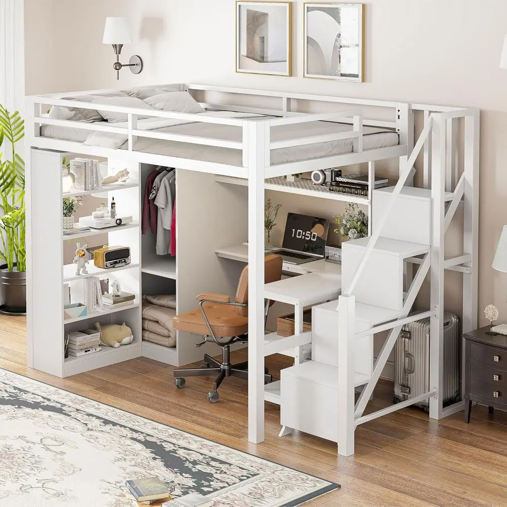 Bellemave Full Size loft Bed with Desk and 5 Tier Shelf, Wardrobe and Storage, Metal loft Bed with Stairs for Adults, Teens, Kid