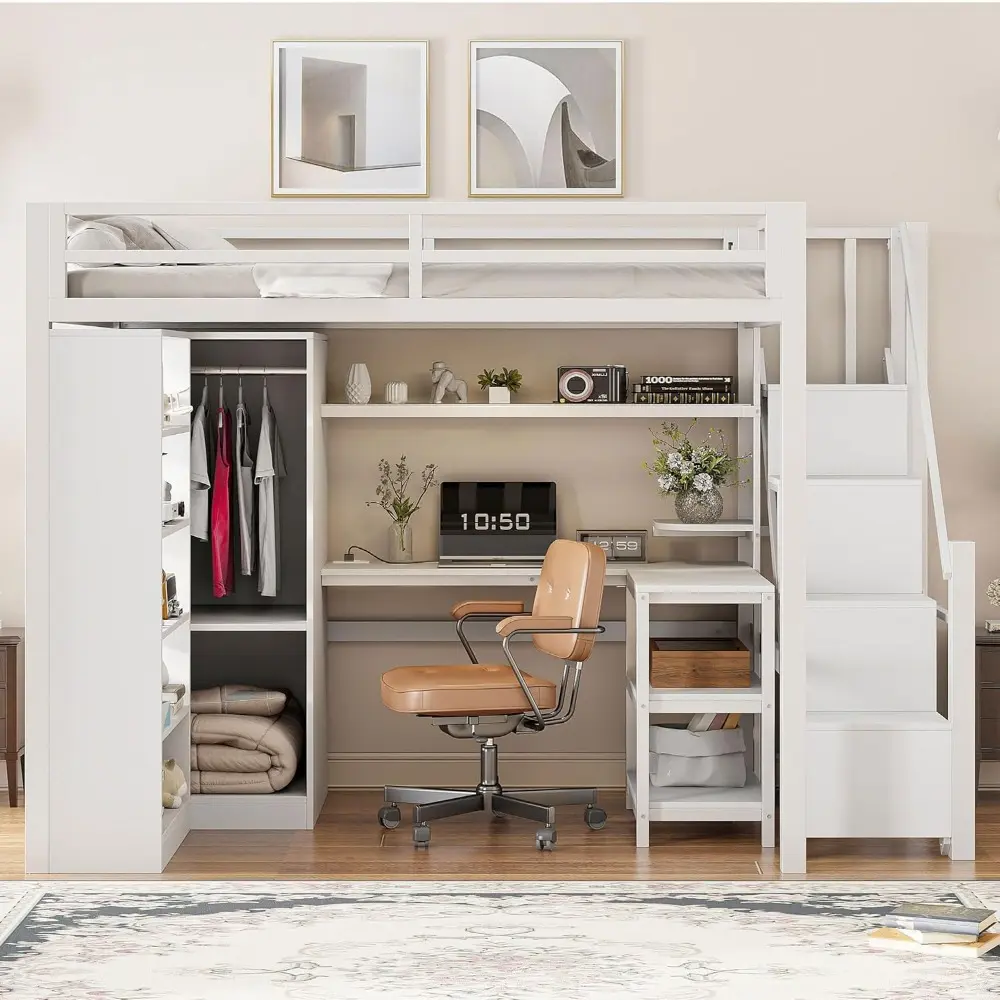 Bellemave Full Size loft Bed with Desk and 5 Tier Shelf, Wardrobe and Storage, Metal loft Bed with Stairs for Adults, Teens, Kid