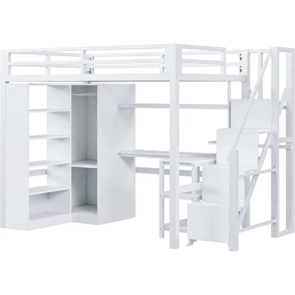 Bellemave Full Size loft Bed with Desk and 5 Tier Shelf, Wardrobe and Storage, Metal loft Bed with Stairs for Adults, Teens, Kid