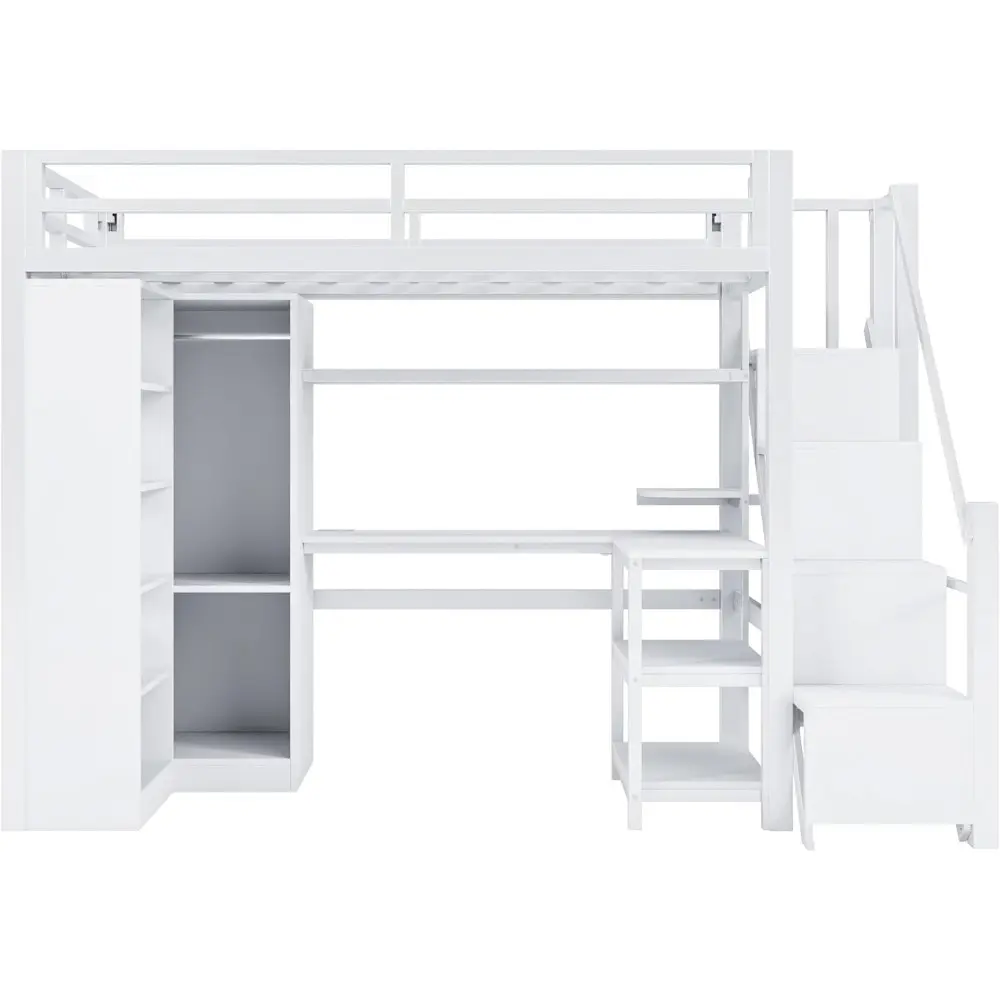 Bellemave Full Size loft Bed with Desk and 5 Tier Shelf, Wardrobe and Storage, Metal loft Bed with Stairs for Adults, Teens, Kid