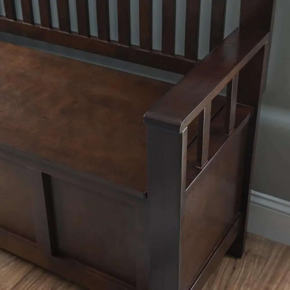 Migdalia Flip Top Slat Back Storage Entryway Bench Brown Walnut Finish