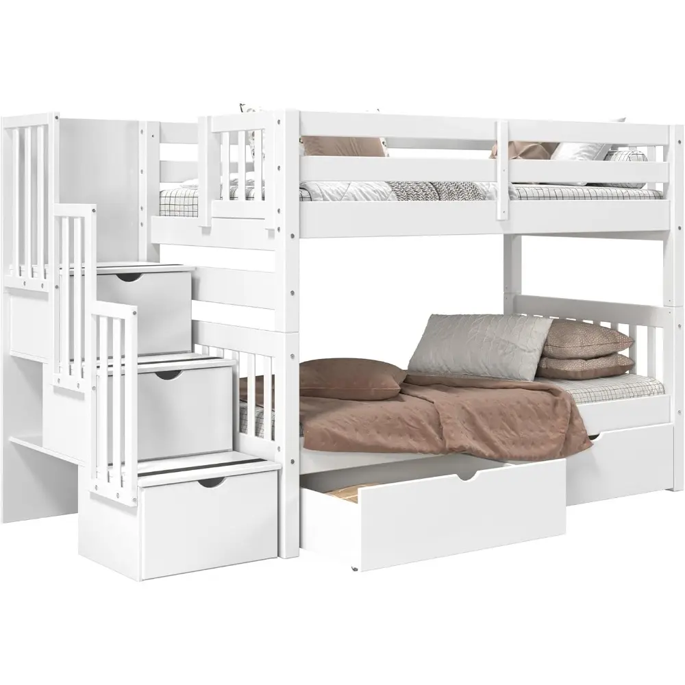 Bedz King Stairway Bunk Beds Twin over Twin with 3 Drawers in the Steps and 2 Under Bed Drawers, White