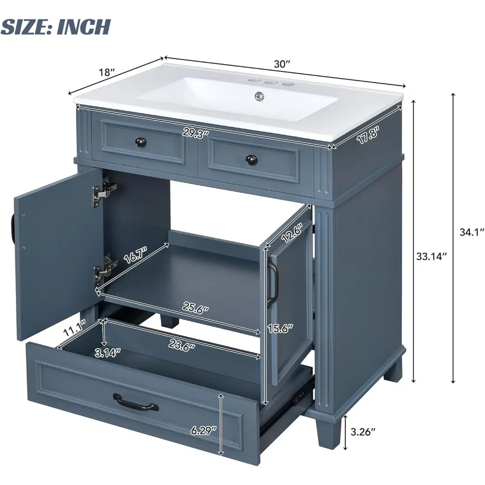30 Inch Bathroom Vanity with Sink Combo, Solid Wood Frame Bathroom Storage Cabinet with 2 Doors and 1 Drawer, Freestanding Bathr