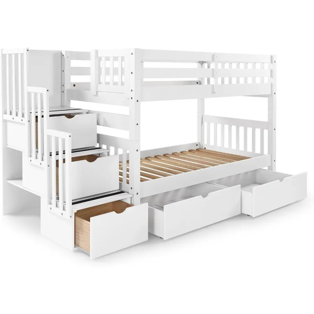 Bedz King Stairway Bunk Beds Twin over Twin with 3 Drawers in the Steps and 2 Under Bed Drawers, White