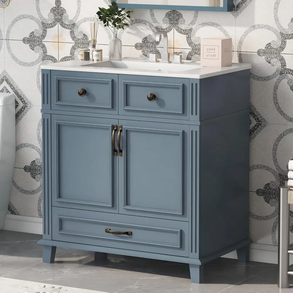30 Inch Bathroom Vanity with Sink Combo, Solid Wood Frame Bathroom Storage Cabinet with 2 Doors and 1 Drawer, Freestanding Bathr