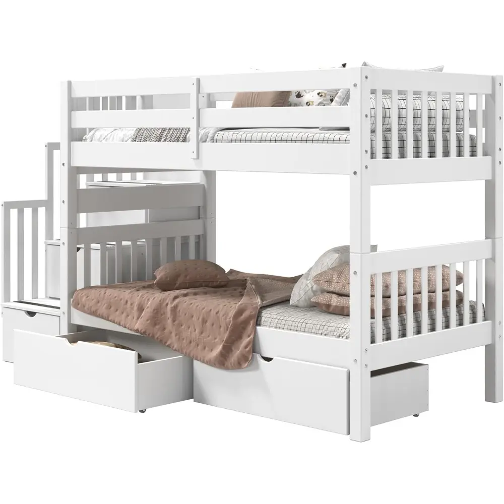 Bedz King Stairway Bunk Beds Twin over Twin with 3 Drawers in the Steps and 2 Under Bed Drawers, White