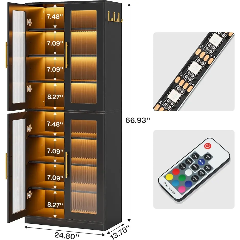Black Shoe Storage Cabinet with Acrylic Doors and LED Lights, 8-Tier Tall Entryway Shoe Organizer Rack with Adjustable Shelves
