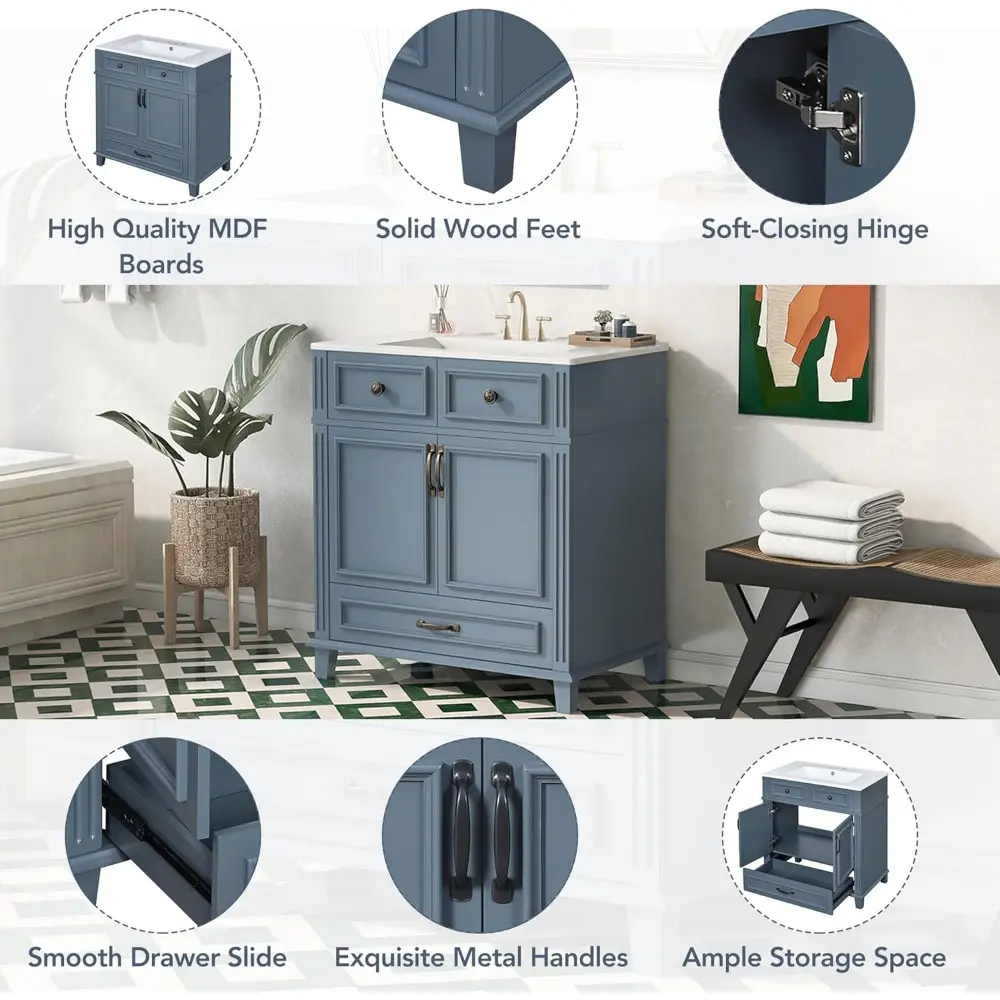 30 Inch Bathroom Vanity with Sink Combo, Solid Wood Frame Bathroom Storage Cabinet with 2 Doors and 1 Drawer, Freestanding Bathr