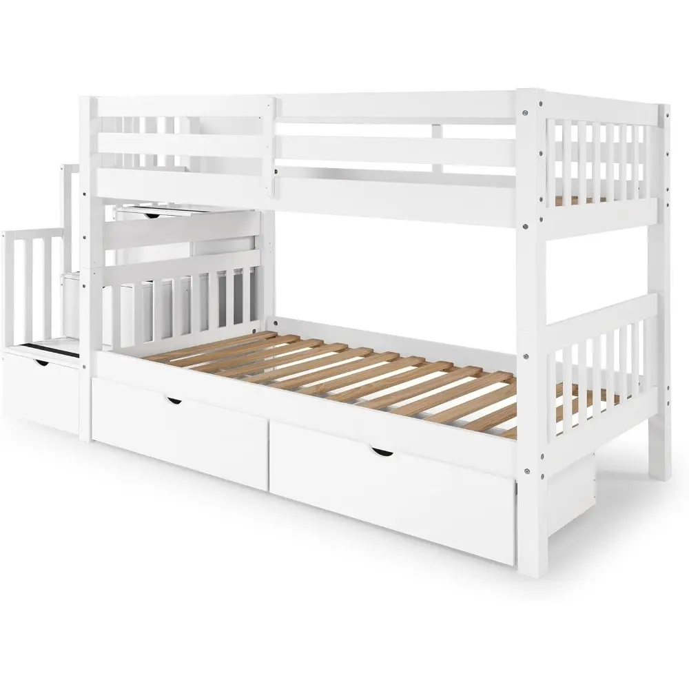 Bedz King Stairway Bunk Beds Twin over Twin with 3 Drawers in the Steps and 2 Under Bed Drawers, White
