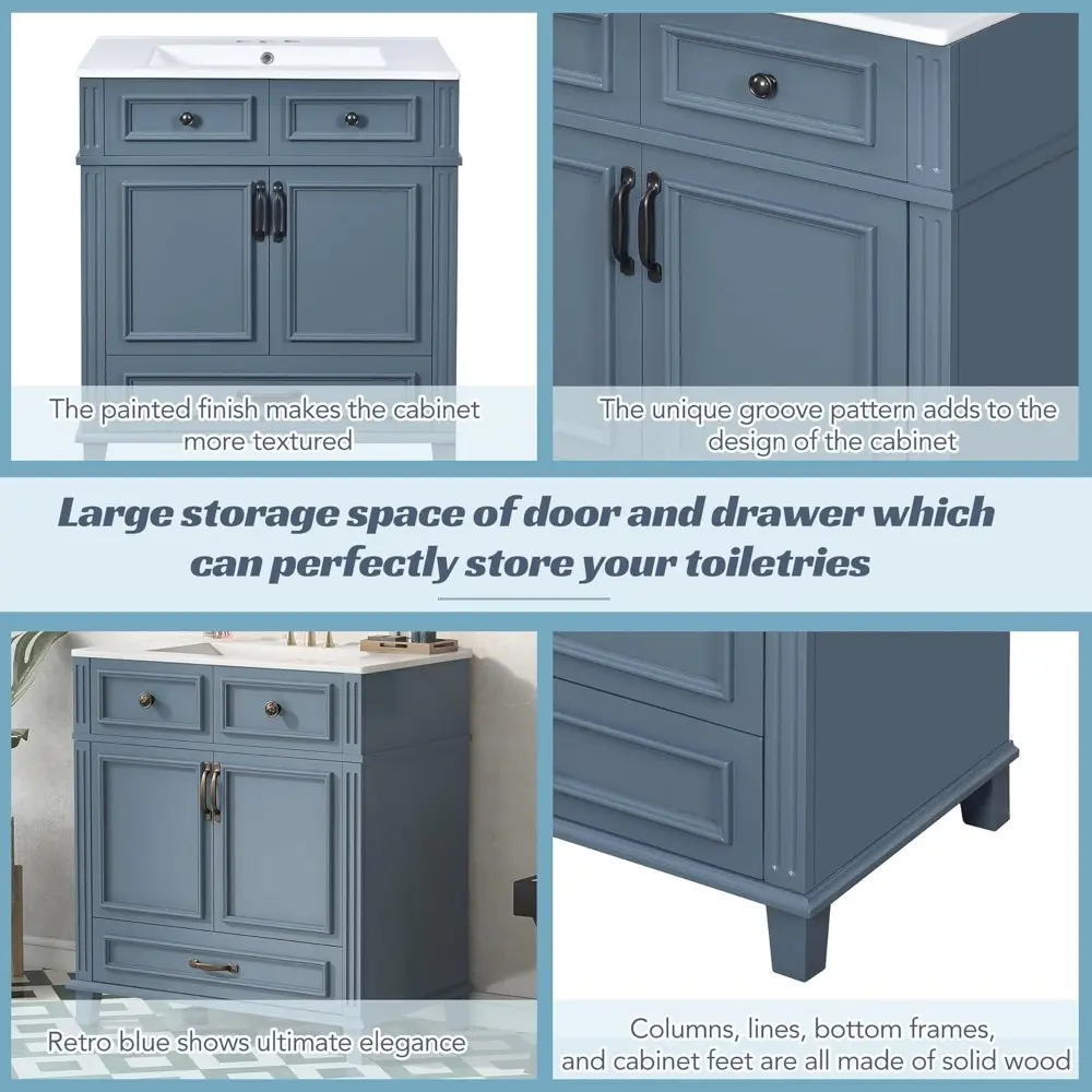 30 Inch Bathroom Vanity with Sink Combo, Solid Wood Frame Bathroom Storage Cabinet with 2 Doors and 1 Drawer, Freestanding Bathr