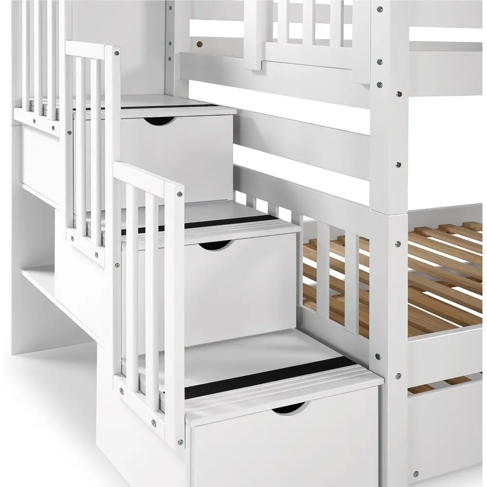 Bedz King Stairway Bunk Beds Twin over Twin with 3 Drawers in the Steps and 2 Under Bed Drawers, White