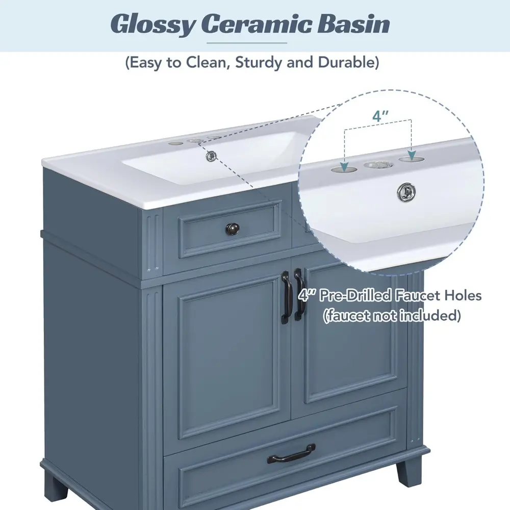 30 Inch Bathroom Vanity with Sink Combo, Solid Wood Frame Bathroom Storage Cabinet with 2 Doors and 1 Drawer, Freestanding Bathr