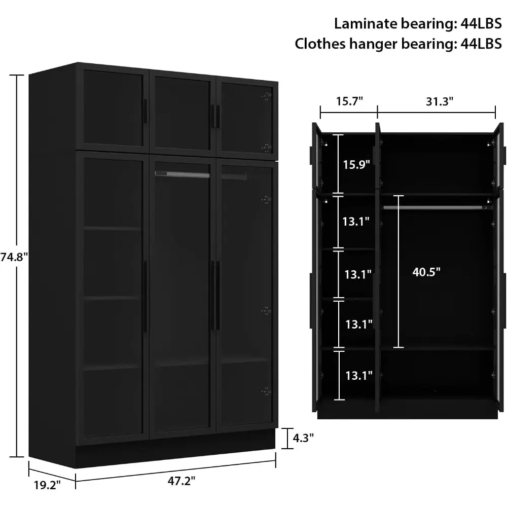 Wardrobe Cabinet with LED Lights, Armoire Closet with Glass Doors, Wooden Large Wardrobe with Hanging Rod & 5 Tiers Shelf, Mode