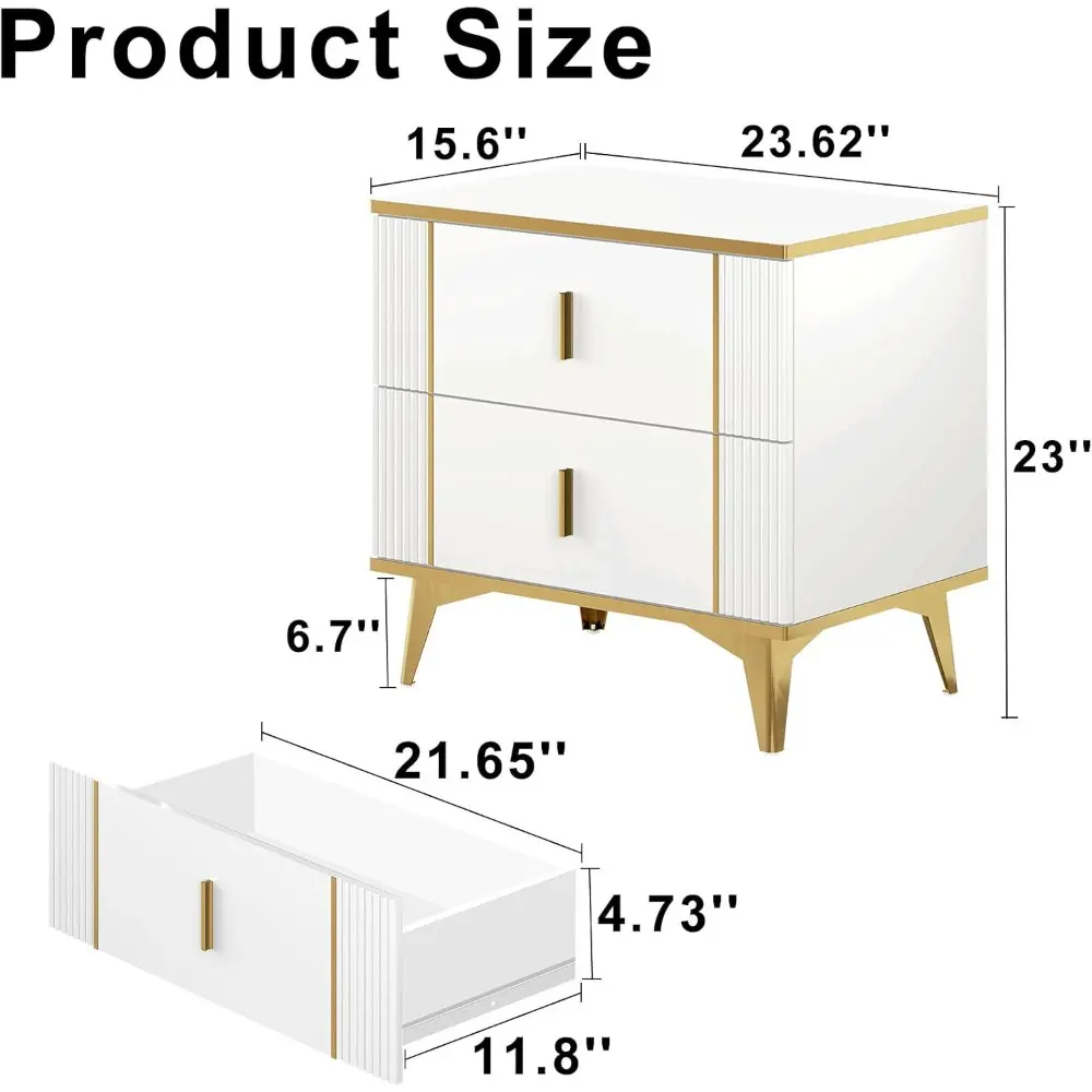 Nightstands Set of 2, Wood Bedside Table with 2 Drawers, End Table with Striped Surface Metal Handle Legs (White Gold 23.62" W x