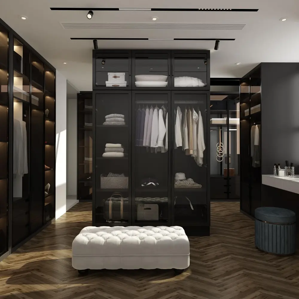 Wardrobe Cabinet with LED Lights, Armoire Closet with Glass Doors, Wooden Large Wardrobe with Hanging Rod & 5 Tiers Shelf, Mode