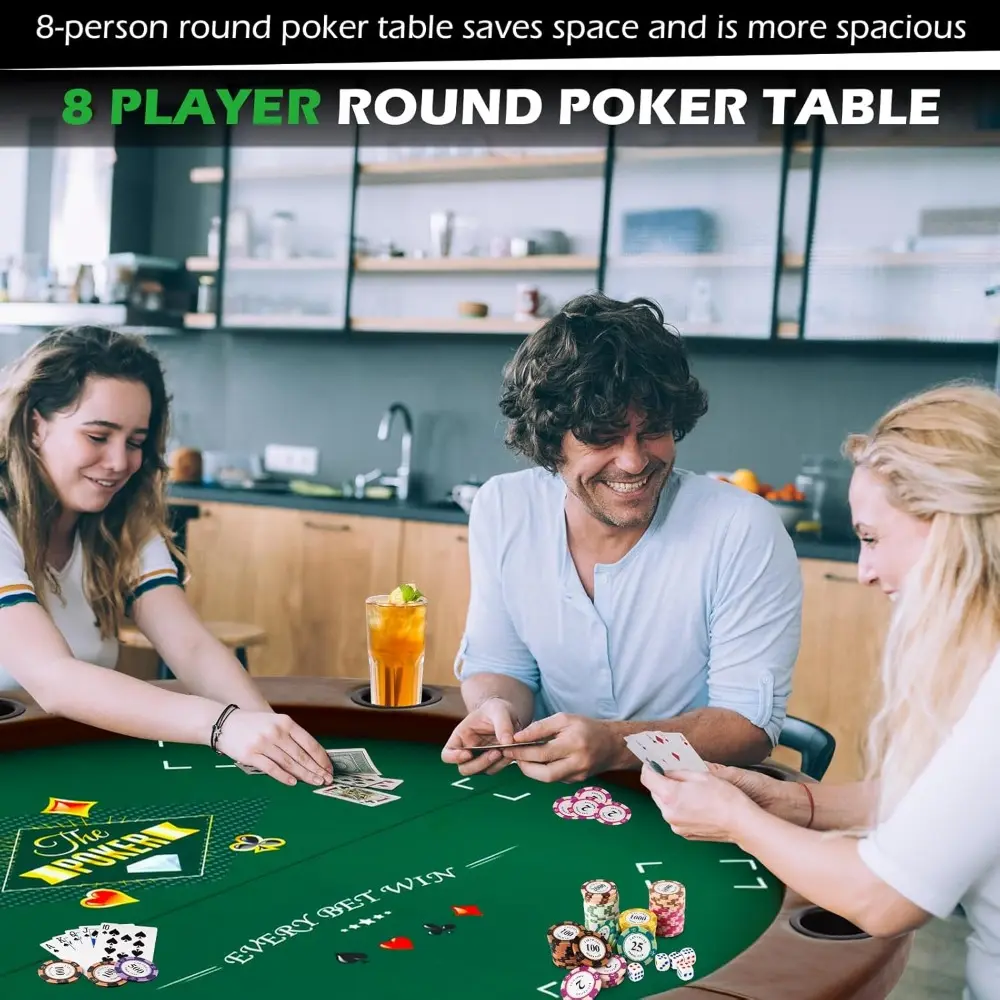 Round Poker Table Foldable, 8 Players Casino Leisure Card Game Table w/Stainless Steel Cup Holders & Padded Rails, Folding Texas