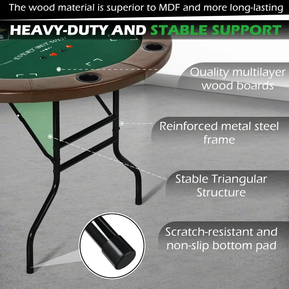 Round Poker Table Foldable, 8 Players Casino Leisure Card Game Table w/Stainless Steel Cup Holders & Padded Rails, Folding Texas