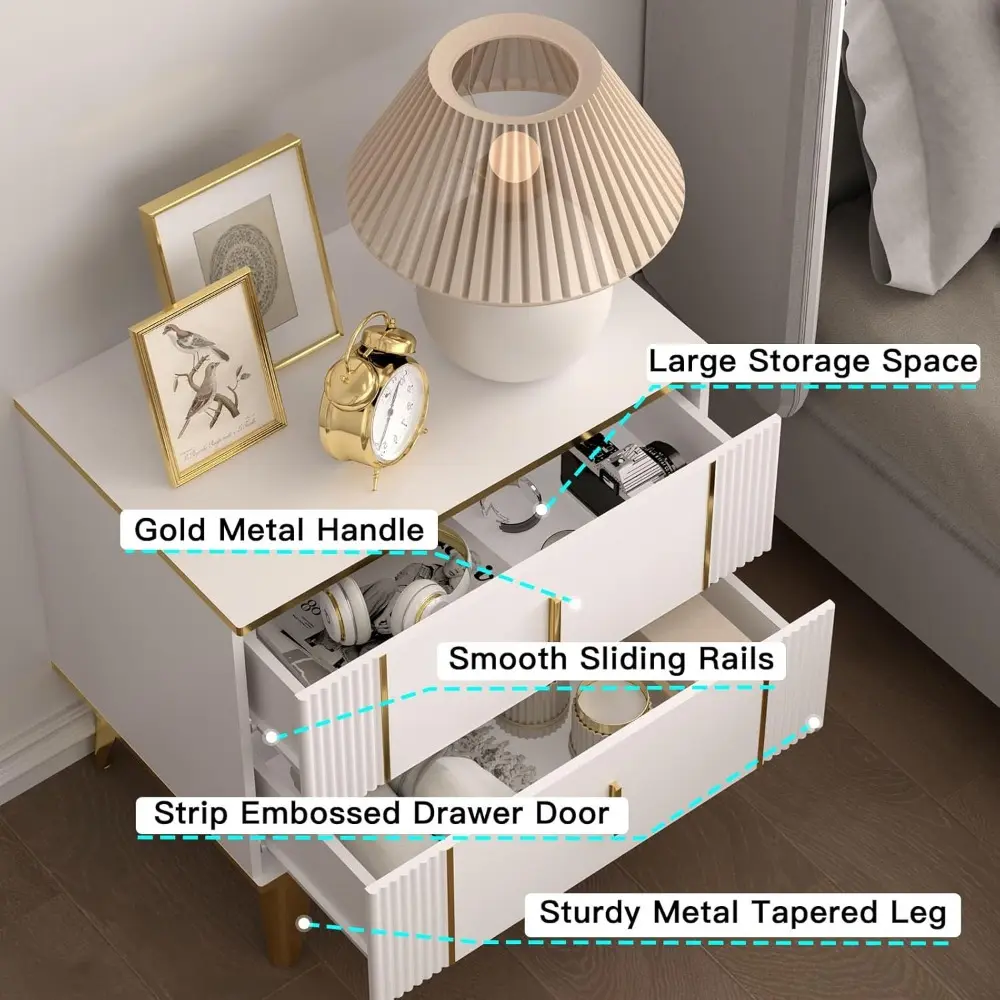 Nightstands Set of 2, Wood Bedside Table with 2 Drawers, End Table with Striped Surface Metal Handle Legs (White Gold 23.62" W x