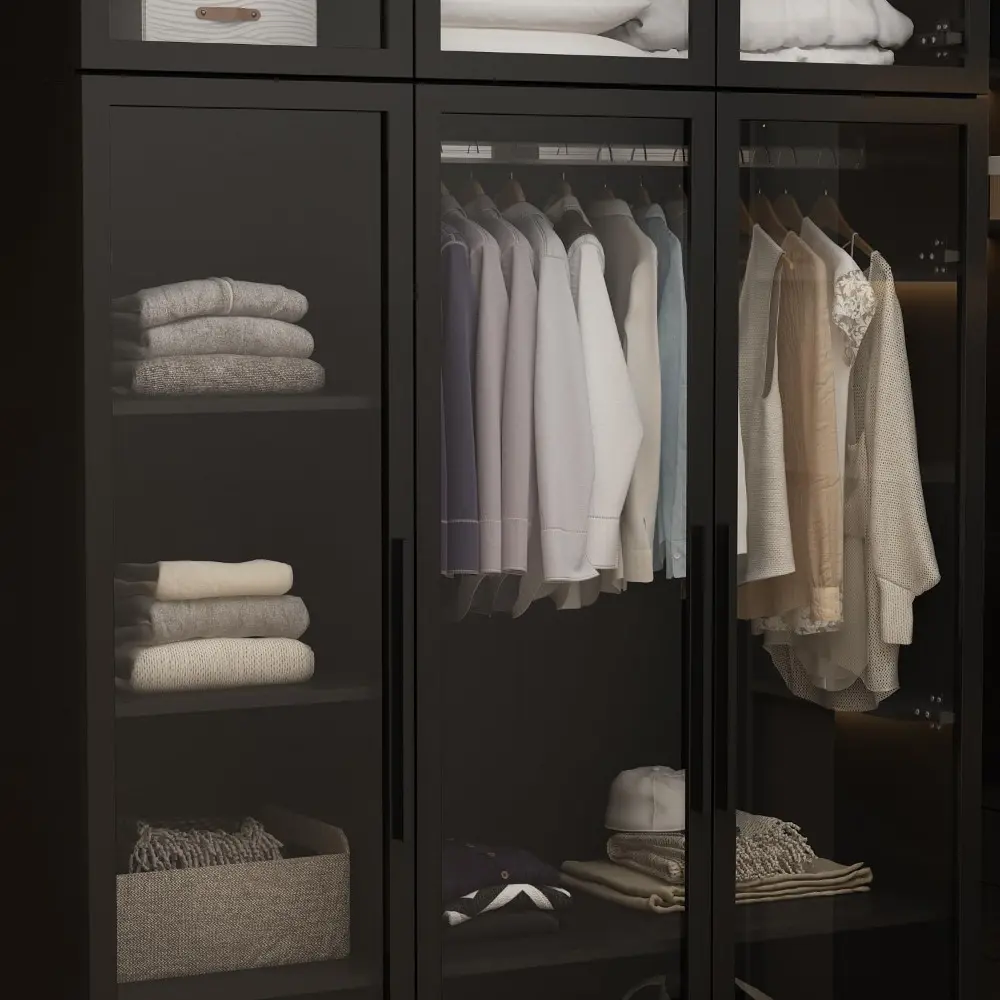 Wardrobe Cabinet with LED Lights, Armoire Closet with Glass Doors, Wooden Large Wardrobe with Hanging Rod & 5 Tiers Shelf, Mode