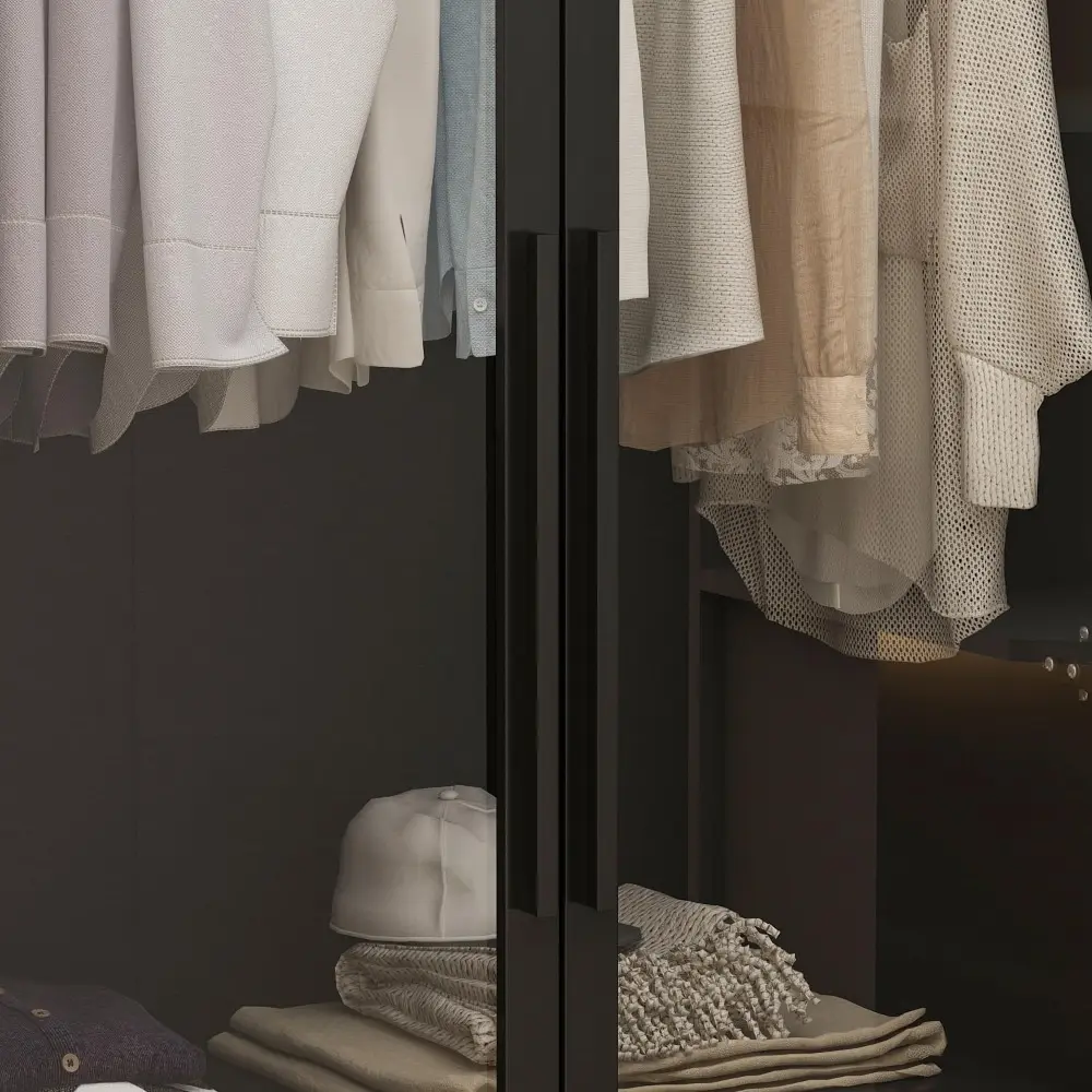 Wardrobe Cabinet with LED Lights, Armoire Closet with Glass Doors, Wooden Large Wardrobe with Hanging Rod & 5 Tiers Shelf, Mode