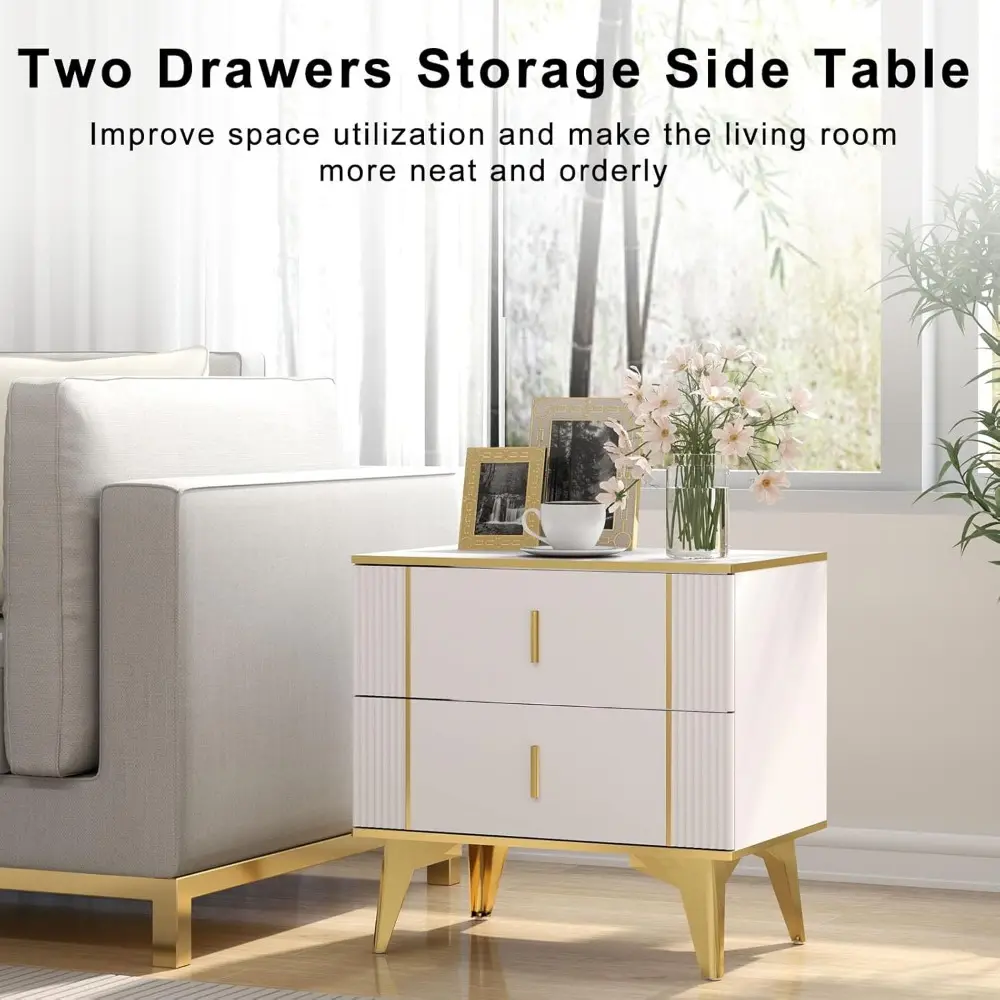 Nightstands Set of 2, Wood Bedside Table with 2 Drawers, End Table with Striped Surface Metal Handle Legs (White Gold 23.62" W x