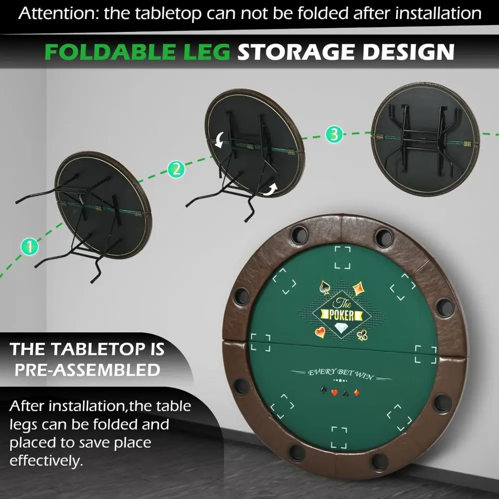 Round Poker Table Foldable, 8 Players Casino Leisure Card Game Table w/Stainless Steel Cup Holders & Padded Rails, Folding Texas