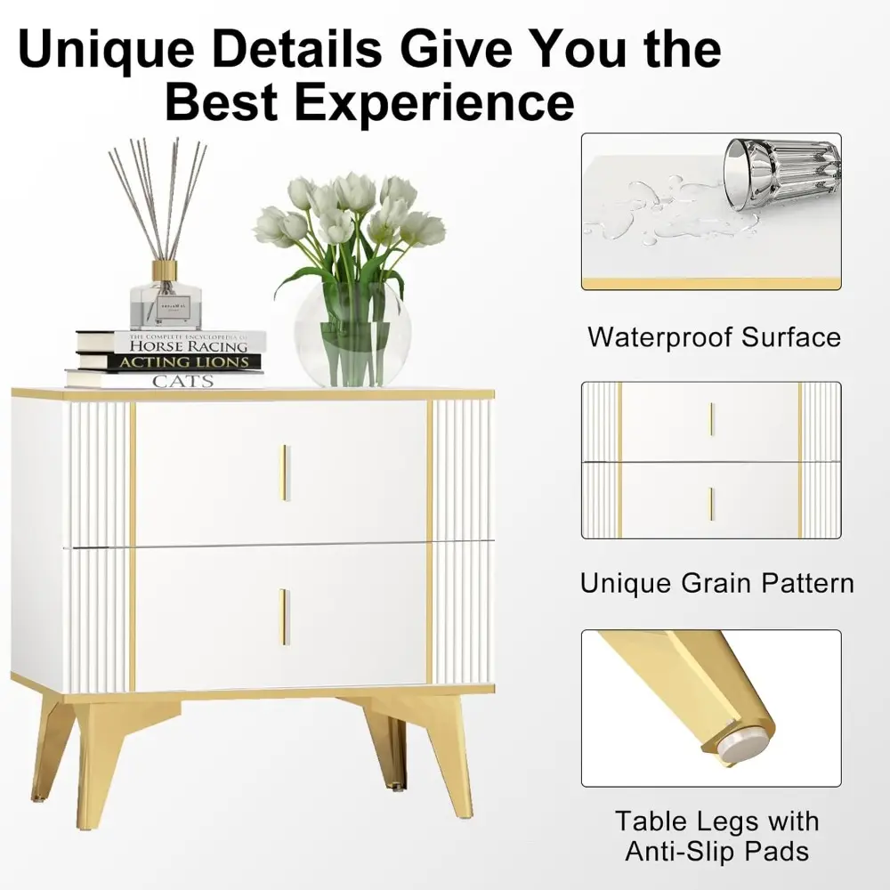 Nightstands Set of 2, Wood Bedside Table with 2 Drawers, End Table with Striped Surface Metal Handle Legs (White Gold 23.62" W x