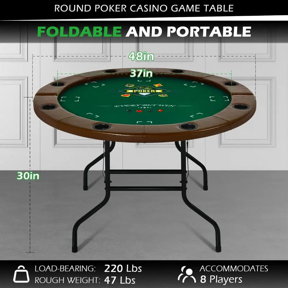 Round Poker Table Foldable, 8 Players Casino Leisure Card Game Table w/Stainless Steel Cup Holders & Padded Rails, Folding Texas
