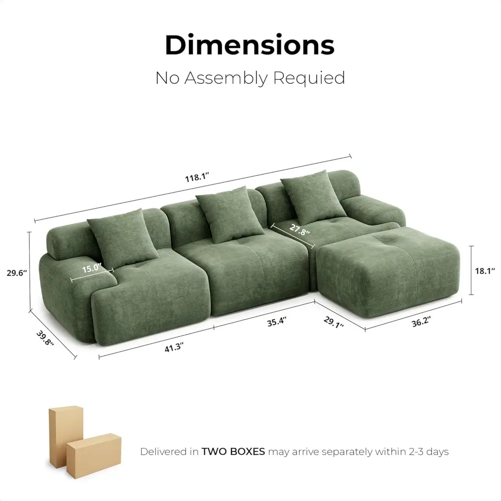 118" Modern L-Shaped Modular Sectional Sofa for Living Room, Corduroy Upholstery Green, Oversized 3-Seater Couch with Deep Seat