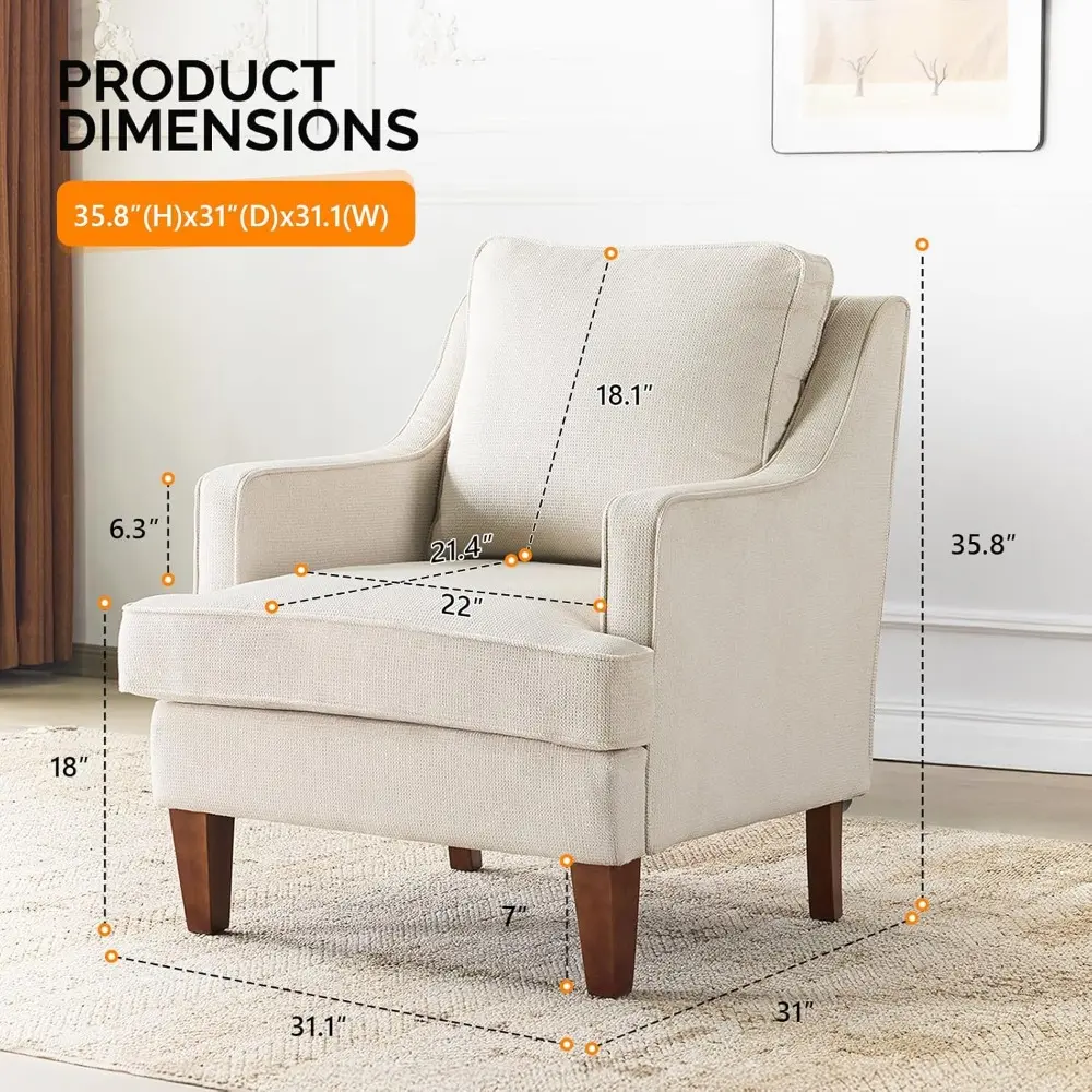 Mid-Century Accent Chairs Set of 2, Beige Upholstered Armchair Comfy Sofa Chairs Reading Chair High Back Living Room Bedroom Fu