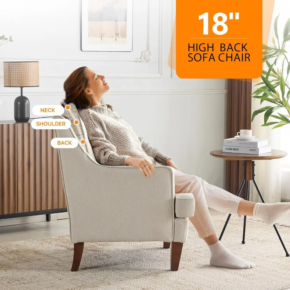 Mid-Century Accent Chairs Set of 2, Beige Upholstered Armchair Comfy Sofa Chairs Reading Chair High Back Living Room Bedroom Fu