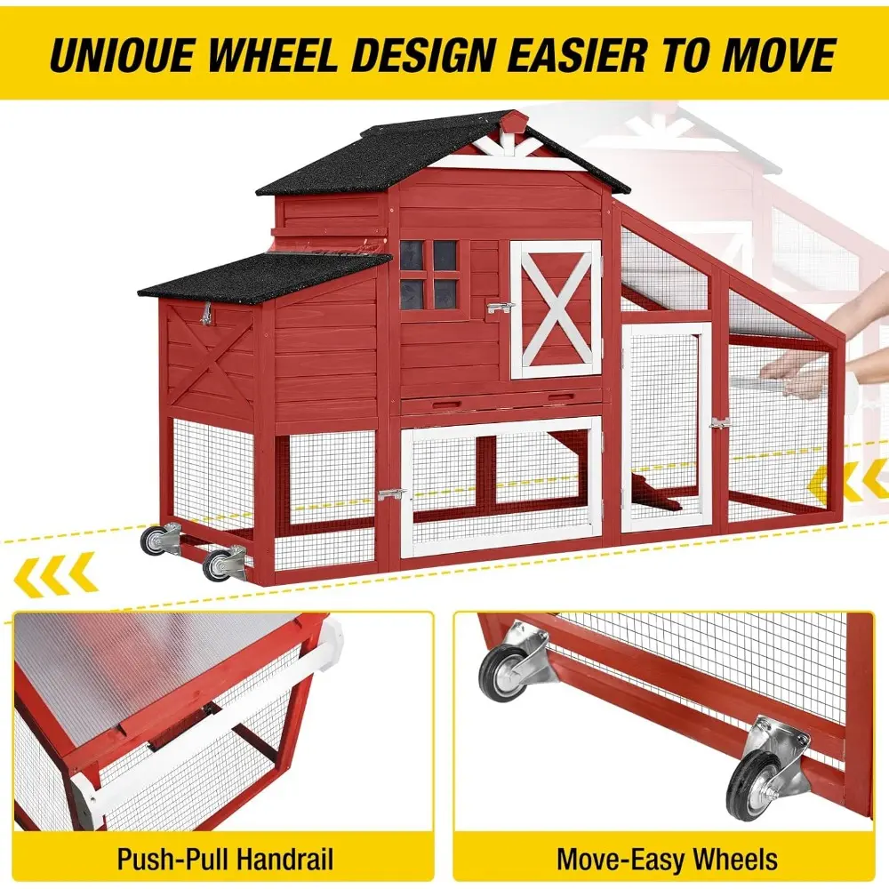 Chicken Coop Mobile Chicken House on Wheels Expandable Wooden Poultry Cage with Large Nesting Box Leakproof Pull-Out Tray Rabbi